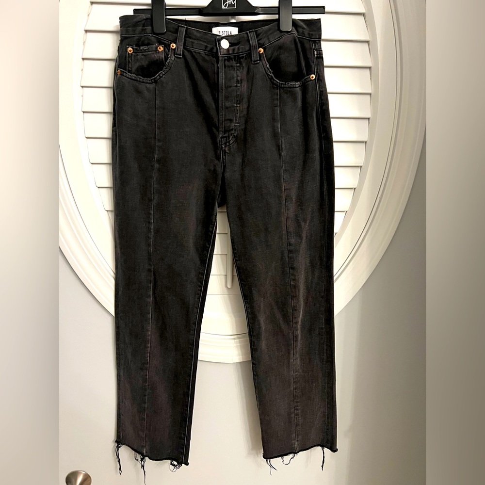 PISTOLA high rise black denim pants with raw hem. Size 28